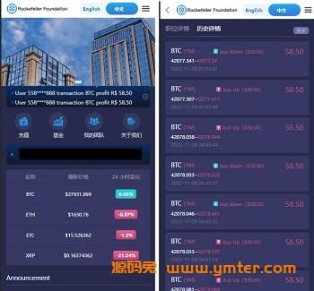 全新海外Rockefeller微交易系统源码,BTC虚拟币微盘平台源码,包含基金理财玩法